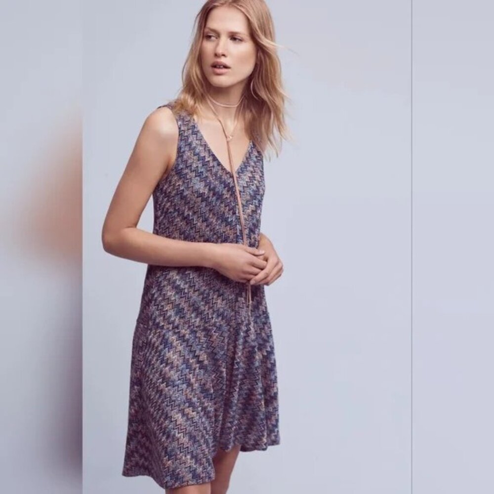 Anthropologie Maeve Westwater Knit Dress-‎ Women's XS Chevron Pattern Blue Motif